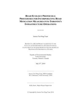 Road Ecology Protocols: Procedures for Incorporating Road Mitigation Measures Into Toronto's Infrastructure Operations