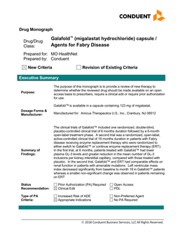 Galafold™ (Migalastat Hydrochloride) Capsule / Drug/Drug Class: Agents for Fabry Disease Prepared For: MO Healthnet Prepared By: Conduent