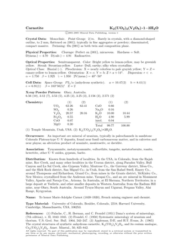 Carnotite K2(UO2)2(V2O8) • 1−3H2O C 2001-2005 Mineral Data Publishing, Version 1