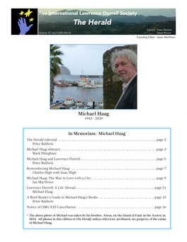 The International Lawrence Durrell Society the Herald Editors: Peter Baldwin Volume 43; April 2020 [NS-4] Steve Moore Founding Editor: Susan Macniven