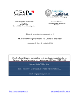Ñande Reko: El Discurso Nacionalista En La Poesía En Guaraní Escrita En Paraguay Durante La Guerra, Pre Y Posguerra Del Chaco (1917-1953)