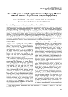 Mitochondrial Phylogeny of Central and North American Chlosyne Lacinia (Lepidoptera: Nymphalidae)