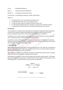 Cellular and Molecular Biophysics Module 14 - Cytoskeleton and Molecular Motors Content Writer: Dr