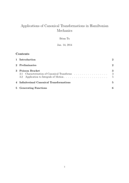 Applications of Canonical Transformations in Hamiltonian Mechanics