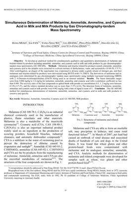 Simultaneous Determination of Melamine, Ammelide, Ammeline, and Cyanuric Acid in Milk and Milk Products by Gas Chromatography-Tandem Mass Spectrometry