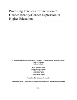 Promising Practices for Inclusion of Gender Identity/Gender Expression in Higher Education