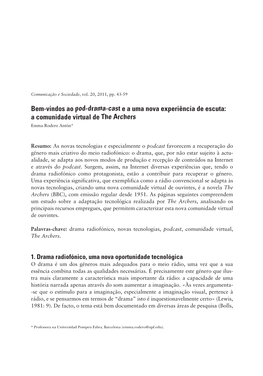 Bem-Vindos Ao Pod-Drama-Cast E a Uma Nova Experiência De Escuta: a Comunidade Virtual De the Archers Emma Rodero Antón*