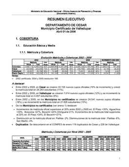 RESUMEN EJECUTIVO DEPARTAMENTO DE CESAR Municipio Certificado De Valledupar Abril 01 De 2006