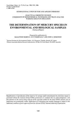 THE DETERMINATION of MERCURY SPECIES in ENVIRONMENTAL and BIOLOGICAL SAMPLES (Technical Report)