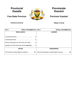 Provincial Gazette for Free State No 87 of 04-November-2016