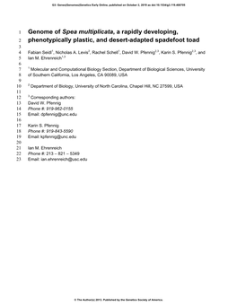 Genome of Spea Multiplicata, a Rapidly Developing, Phenotypically Plastic, and Desert-Adapted Spadefoot Toad