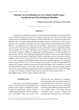 Oatrim-5 As Fat Substitute in Low Calorie Salad Cream : Nutritional and Microbiological Qualities