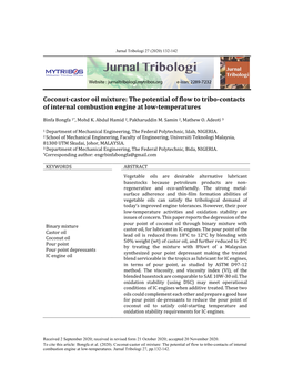 Coconut-Castor Oil Mixture: the Potential of Flow to Tribo-Contacts of Internal Combustion Engine at Low-Temperatures