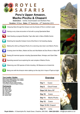 Peru's Upper Amazon, Machu Picchu & Chaparri
