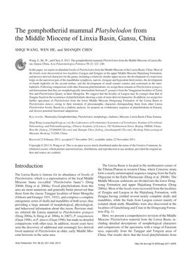 The Gomphotheriid Mammal Platybelodon from the Middle Miocene of Linxia Basin, Gansu, China