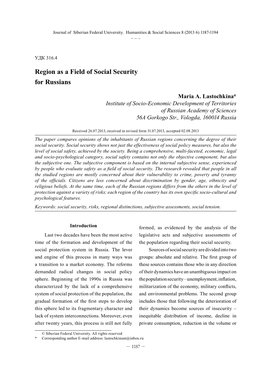 Region As a Field of Social Security for Russians