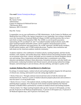 Via E-Mail: Seema.Verma@Cms.Hhs.Gov March 14, 2017 Ms. Seema Verma Administrator Centers for Medicare & Medicaid Services 7