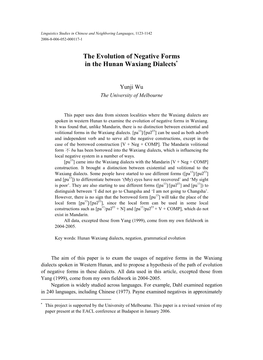 The Evolution of Negative Forms in the Hunan Waxiang Dialects∗