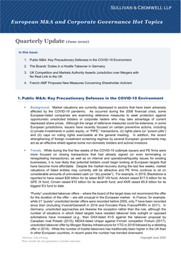 European M&A and Corporate Governance Hot Topics