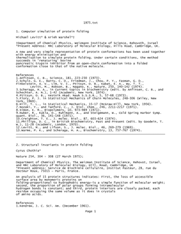 1975.Txt 1. Computer Simulation of Protein Folding Michael Levitt