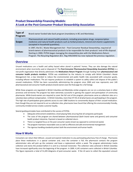 Product Stewardship Financing Models: a Look at the Post-Consumer Product Stewardship Association