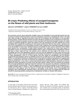 Bt Crops: Predicting Effects of Escaped Transgenes on the Fitness of Wild Plants and Their Herbivores