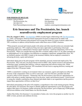 Erie Insurance and the Precisionists, Inc. Launch Neurodiversity Employment Program