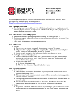 Intramural Sports Badminton Rules 2014-2015