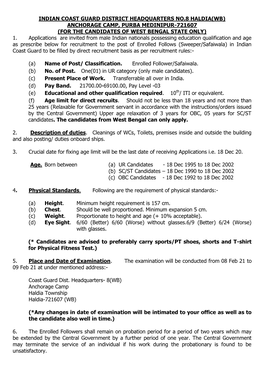 Indian Coast Guard District Headquarters No.8 Haldia(Wb) Anchorage Camp, Purba Medinipur-721607 (For the Candidates of West Bengal State Only) 1