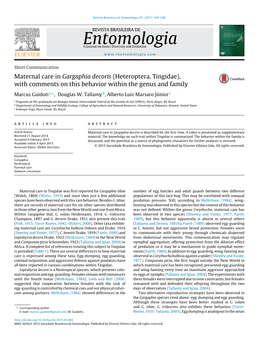 Maternal Care in Gargaphia Decoris (Heteroptera, Tingidae)