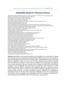 Habitability Models for Planetary Sciences