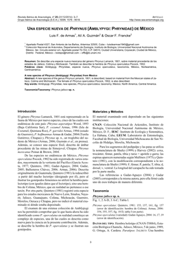 UNA ESPECIE NUEVA DE PHRYNUS (AMBLYPYGI: PHRYNIDAE) DE MÉXICO Luis F. De Armas1, Alí A. Guzmán2 & Oscar F. Francke2