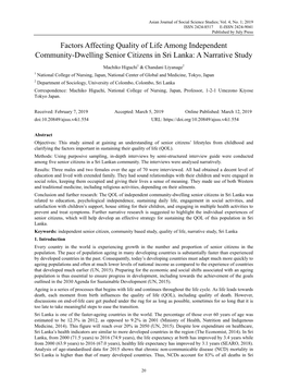 Factors Affecting Quality of Life Among Independent Community-Dwelling Senior Citizens in Sri Lanka: a Narrative Study