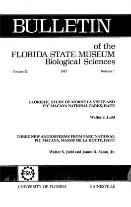Of the FLORIDA STATE MUSEUM Biological Sciences