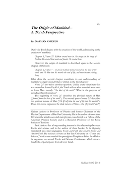 The Origin of Mankind― a Torah Perspective