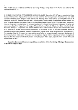 Title: Need to Ensure Expeditious Completion of Four Laning of Indapur-Zarap Stretch in the Mumbai-Goa Section of the National Highway No