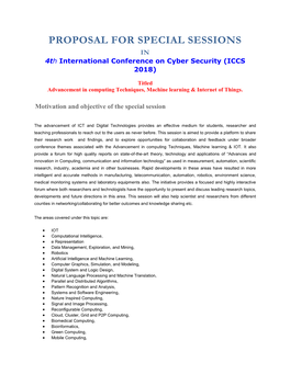 PROPOSAL for SPECIAL SESSIONS in 4Th International Conference on Cyber Security (ICCS 2018)