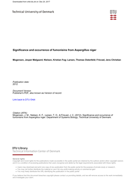 Significance and Occurrence of Fumonisins from Aspergillus Niger