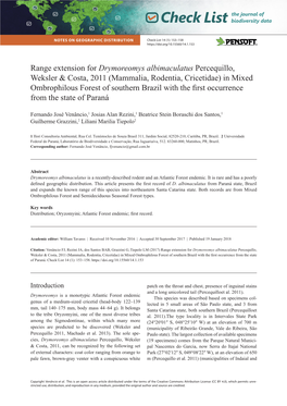 Mammalia, Rodentia, Cricetidae) in Mixed Ombrophilous Forest of Southern Brazil with the First Occurrence from the State of Paraná