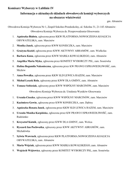 Komisarz Wyborczy W Lublinie IV Informacja O Aktualnych Składach Obwodowych Komisji Wyborczych Na Obszarze Właściwości Gm