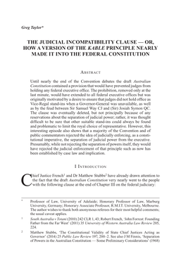 The Judicial Incompatibility Clause — Or, How a Version of the Kable Principle Nearly Made It Into the Federal Constitution