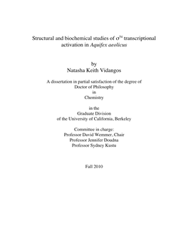 Structural and Biochemical Studies of Σ54 Transcriptional Activation in Aquifex Aeolicus