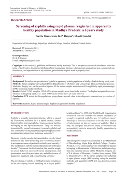 Screening of Syphilis Using Rapid Plasma Reagin Test in Apparently Healthy Population in Madhya Pradesh: a 6 Years Study