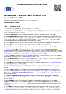 CALENDRIER Du 17 Septembre Au 23 Septembre 2018 Brussels, 14 September 2018 (Susceptible De Modifications En Cours De Semaine) Déplacements Et Visites