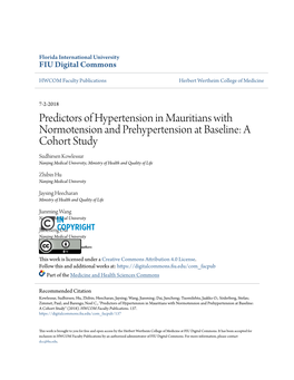 A Cohort Study Sudhirsen Kowlessur Nanjing Medical University; Ministry of Health and Quality of Life