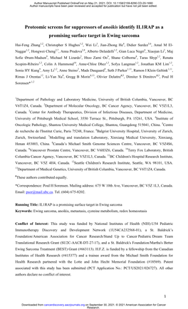 Proteomic Screens for Suppressors of Anoikis Identify IL1RAP As a Promising Surface Target in Ewing Sarcoma