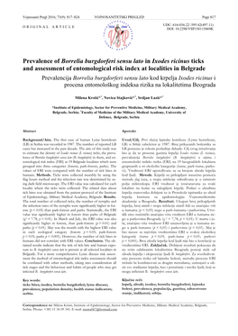 Prevalence of Borrelia Burgdorferi Sensu Lato in Ixodes Ricinus Ticks