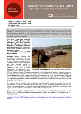 Disaster Relief Emergency Fund (DREF) Tajikistan: Floods and Avalanches
