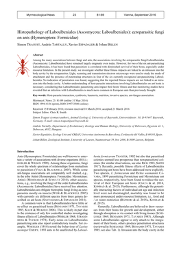 Ascomycota: Laboulbeniales): Ectoparasitic Fungi on Ants (Hymenoptera: Formicidae)