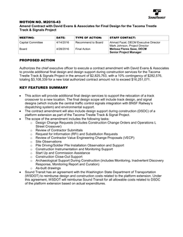 MOTION NO. M2016-43 Amend Contract with David Evans & Associates for Final Design for the Tacoma Trestle Track & Signals Project